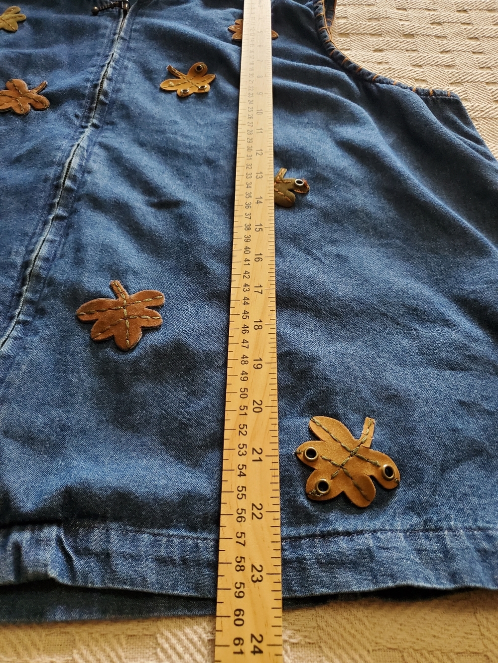 Victoria Jones Appliqué Leather Autumn Leaves Jean Vest Hood Vintage - Picture 7 of 15